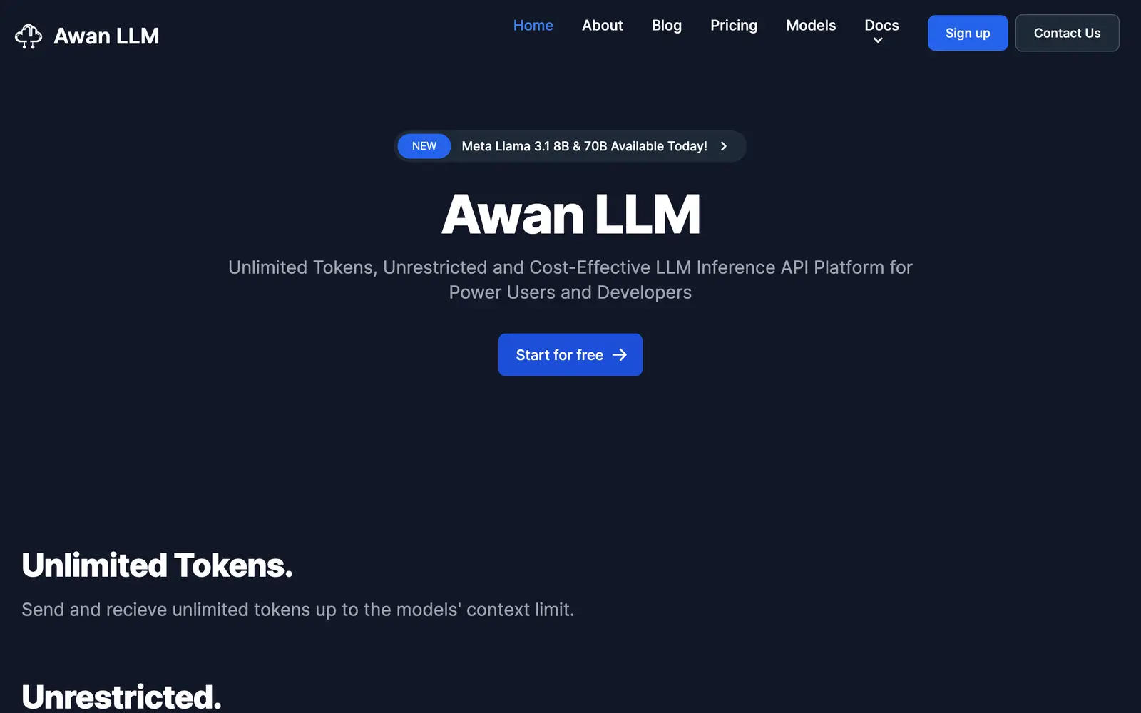 Screenshot of the Awan LLM website