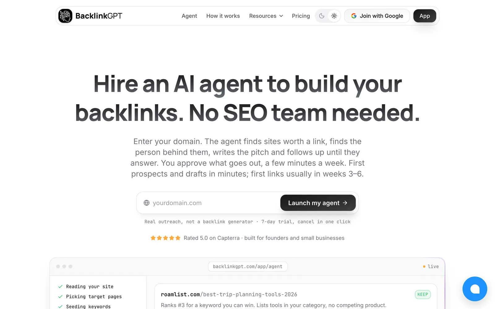 Screenshot of the BacklinkGPT website