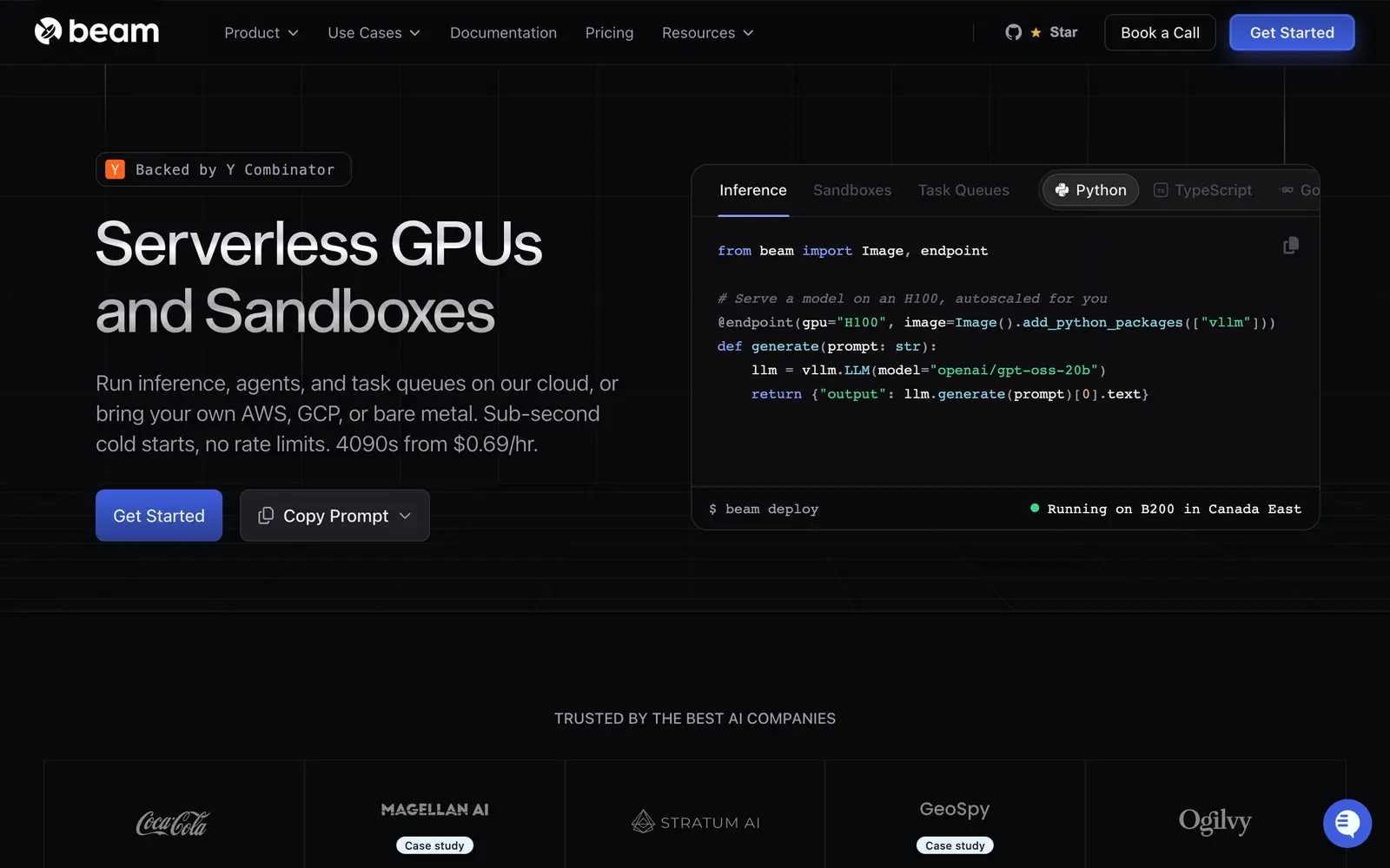 Screenshot of the Beam website