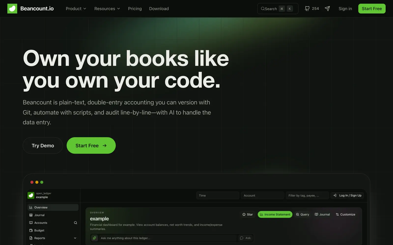 Screenshot of the Beancount.io website
