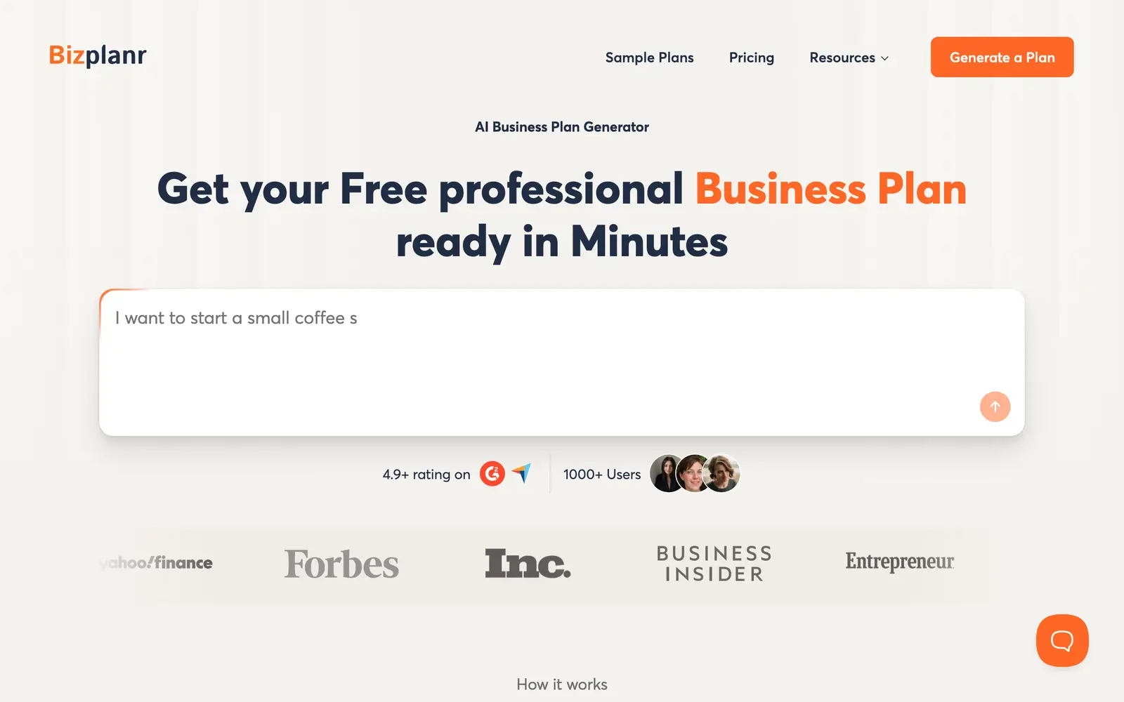 Screenshot of the Bizplanr website
