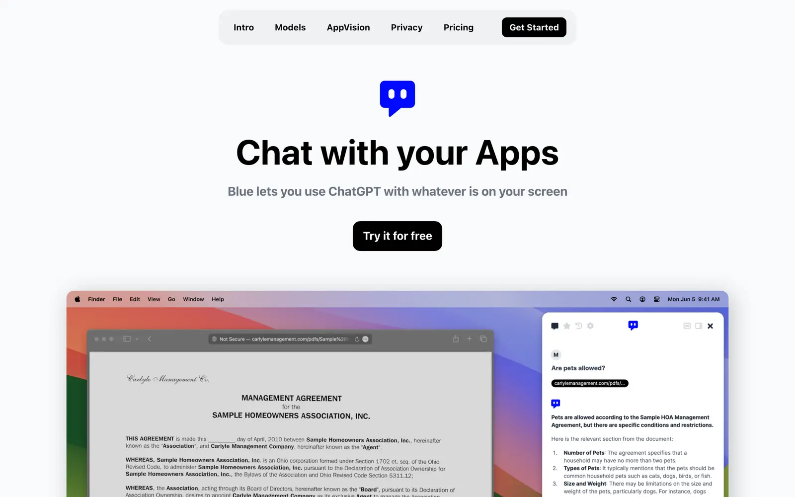 Screenshot of the Blue website