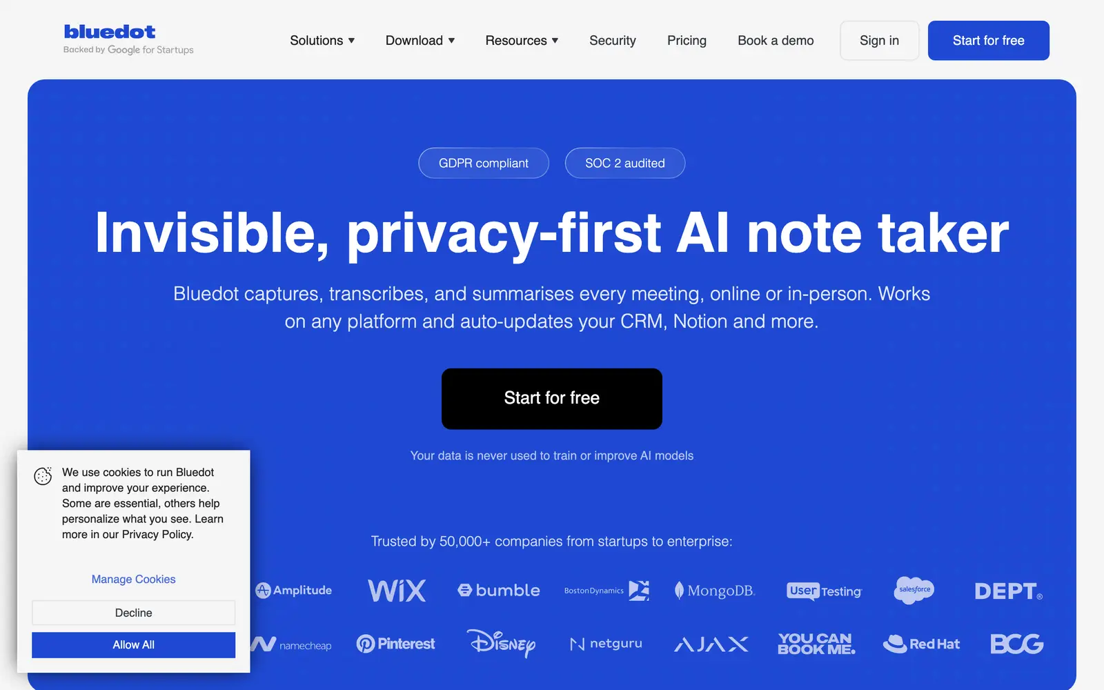 Screenshot of the Bluedot website