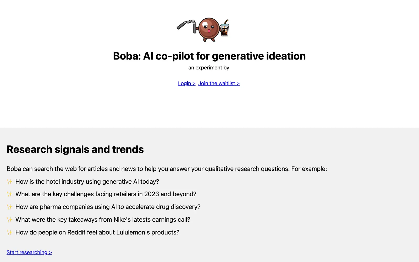Screenshot of the Boba AI website