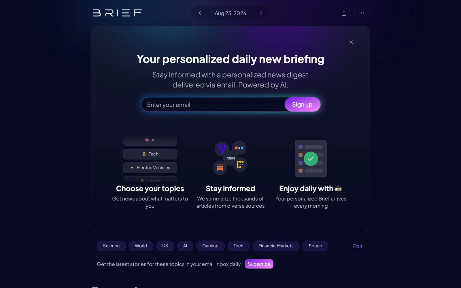 Screenshot of the Brief News website