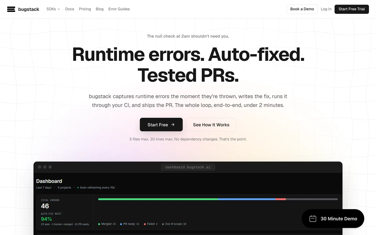 Screenshot of the bugstack website