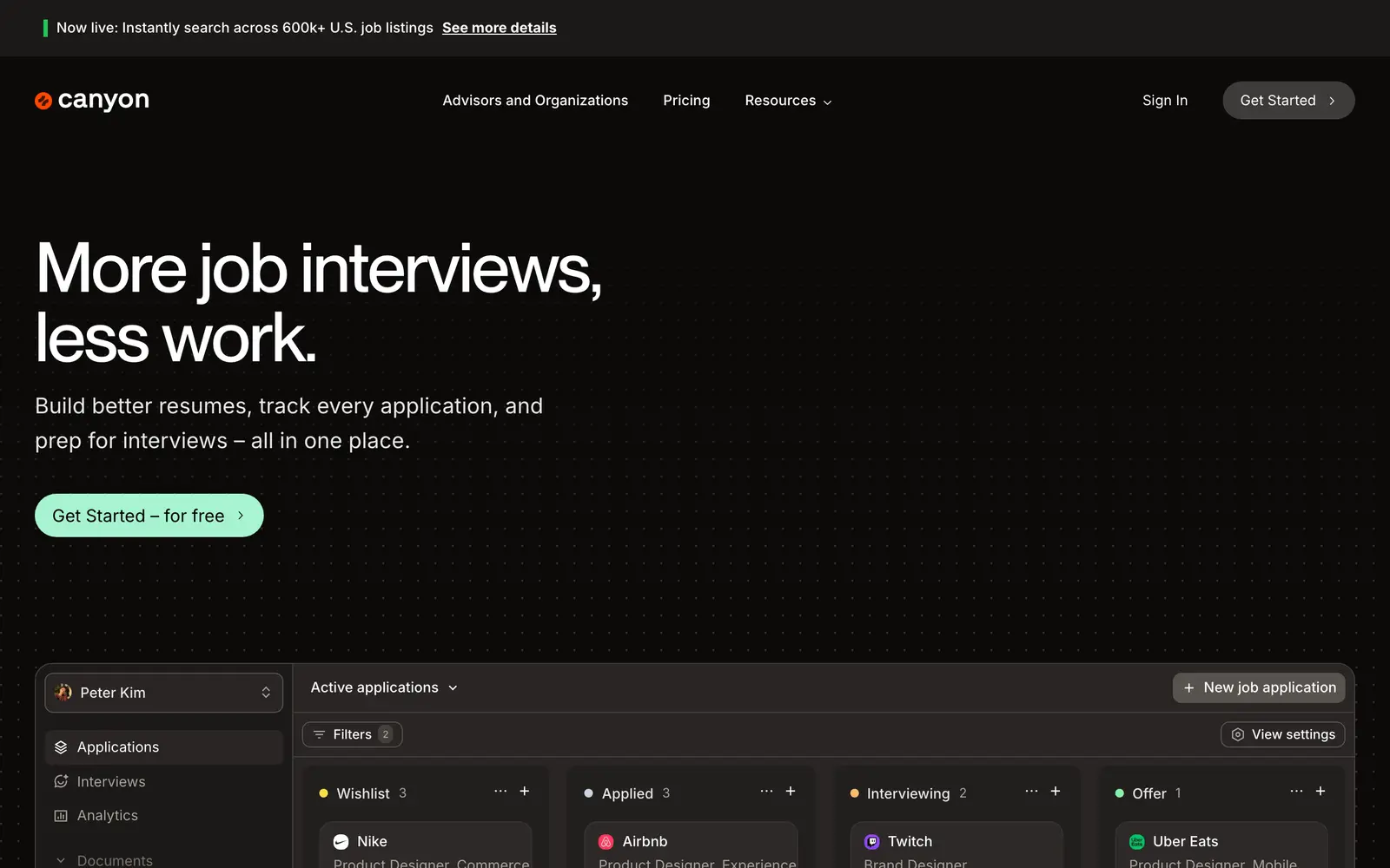 Screenshot of the Canyon website