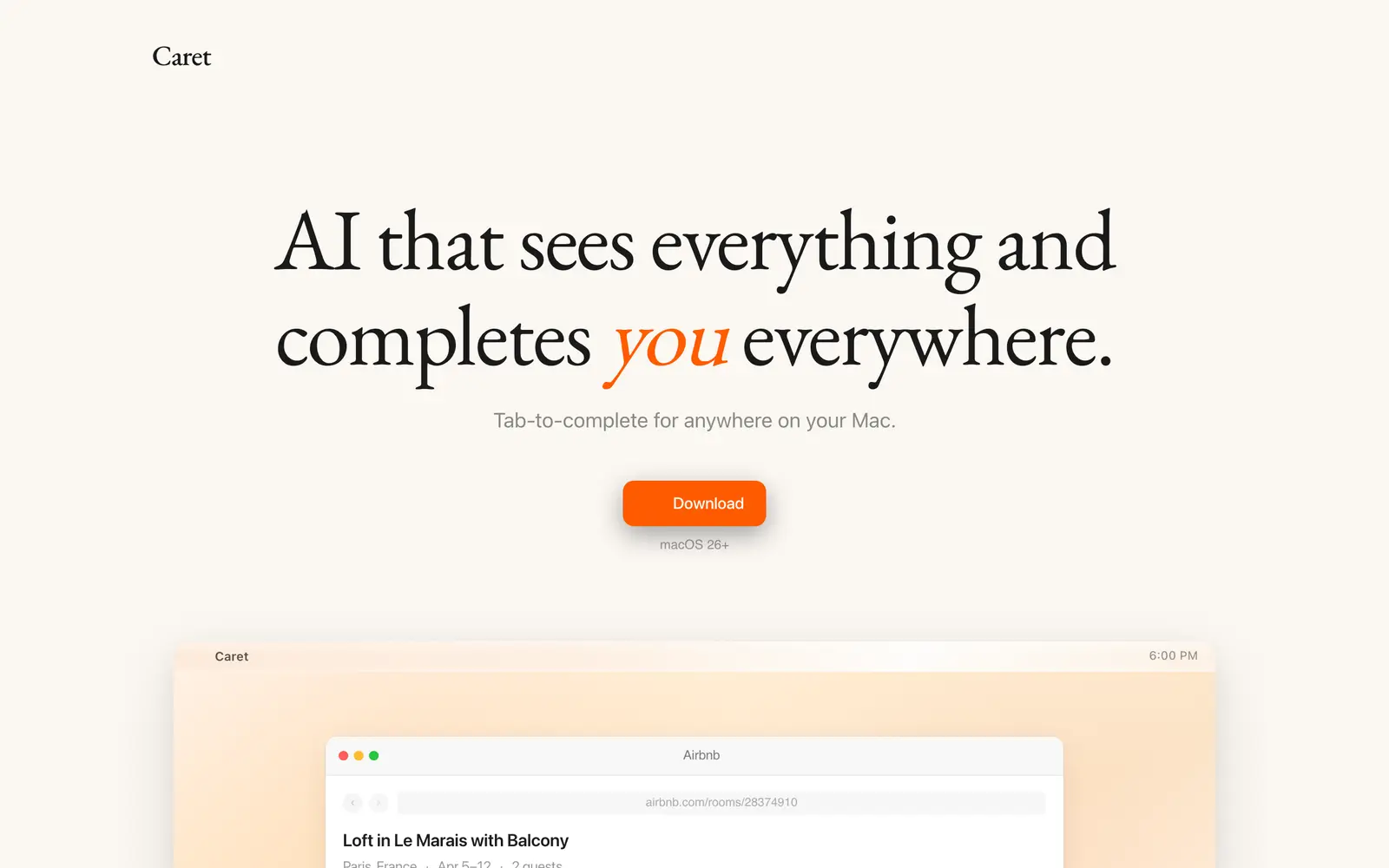Screenshot of the Caret website