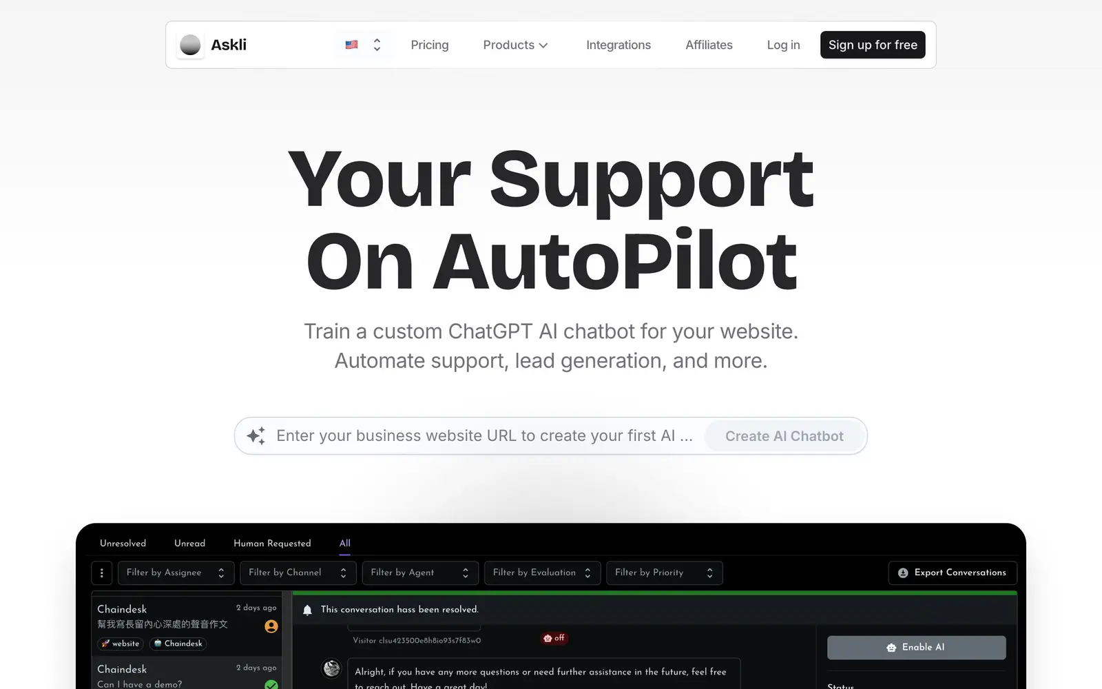 Screenshot of the Askli website