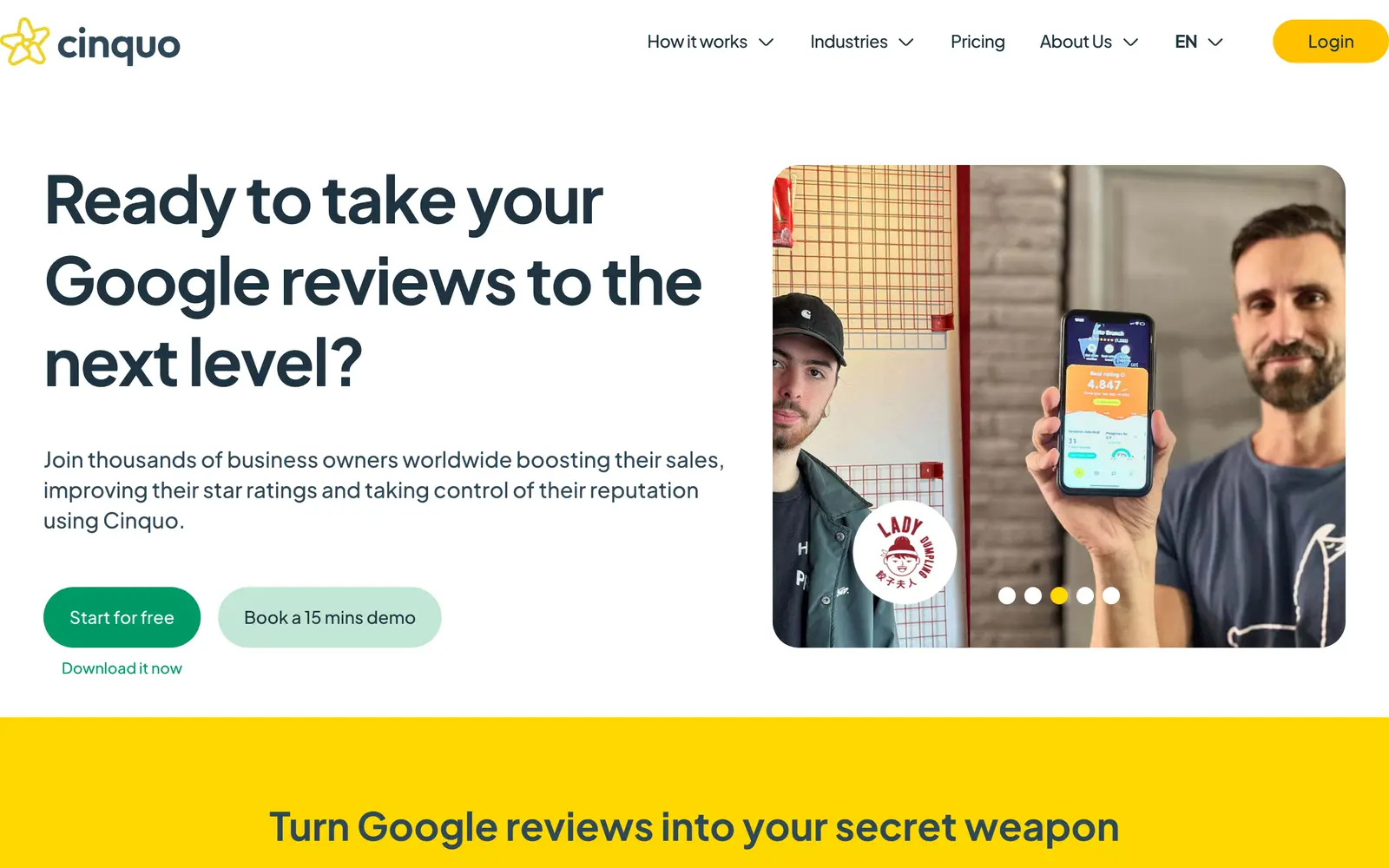 Screenshot of the Cinquo website