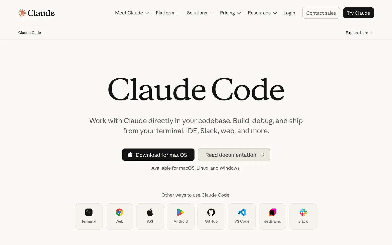 The Claude Code website's first screen