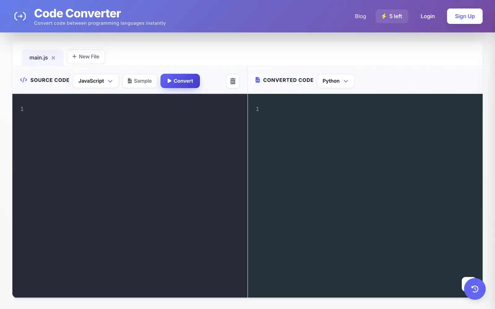 Screenshot of the Code Language Converter website