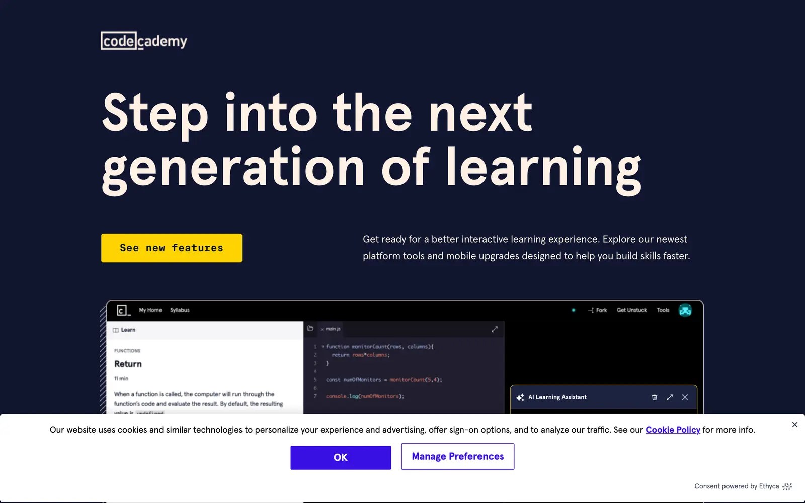 Screenshot of the Codecademy AI Learning Tools website