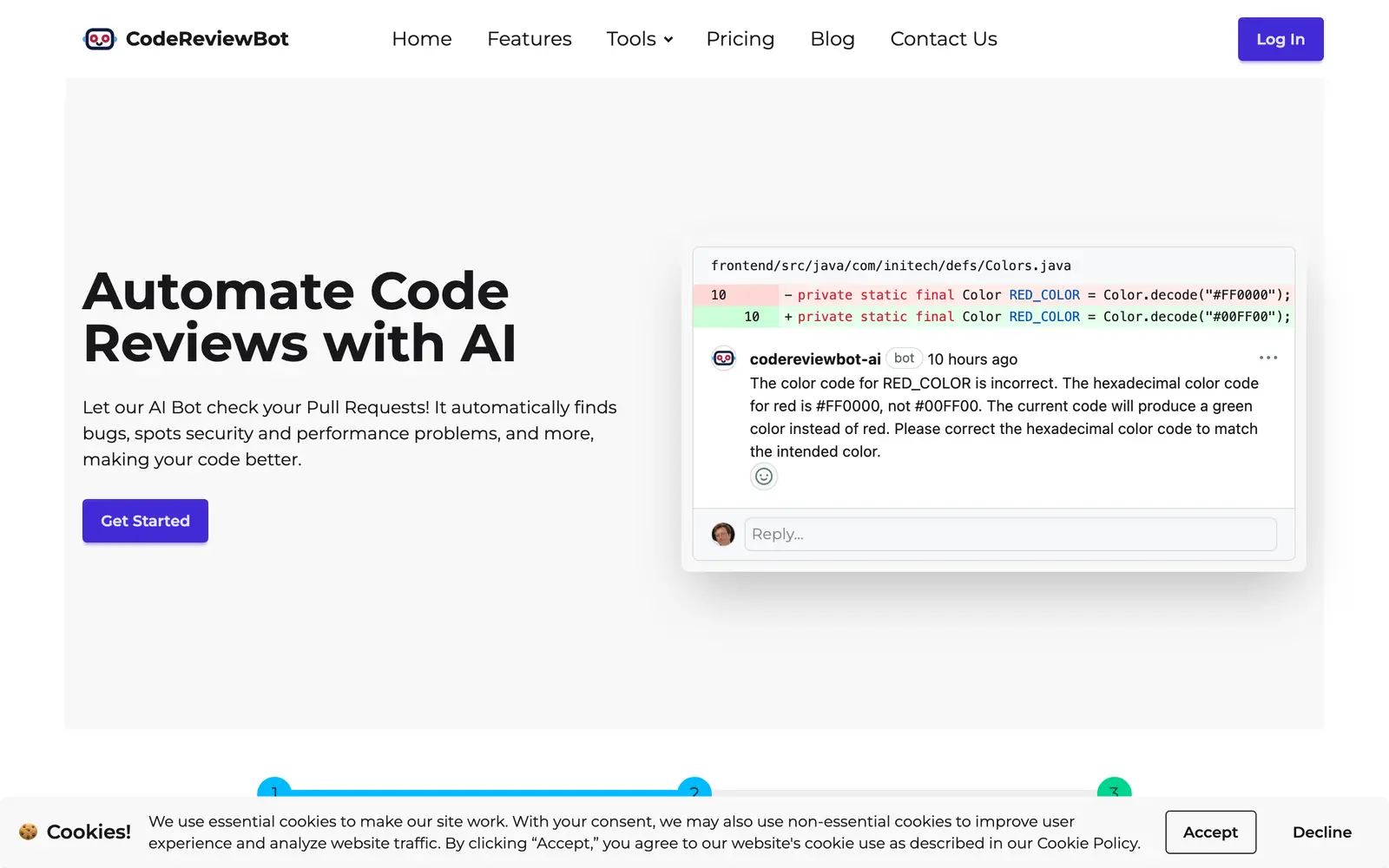 Screenshot of the CodeReviewBot website