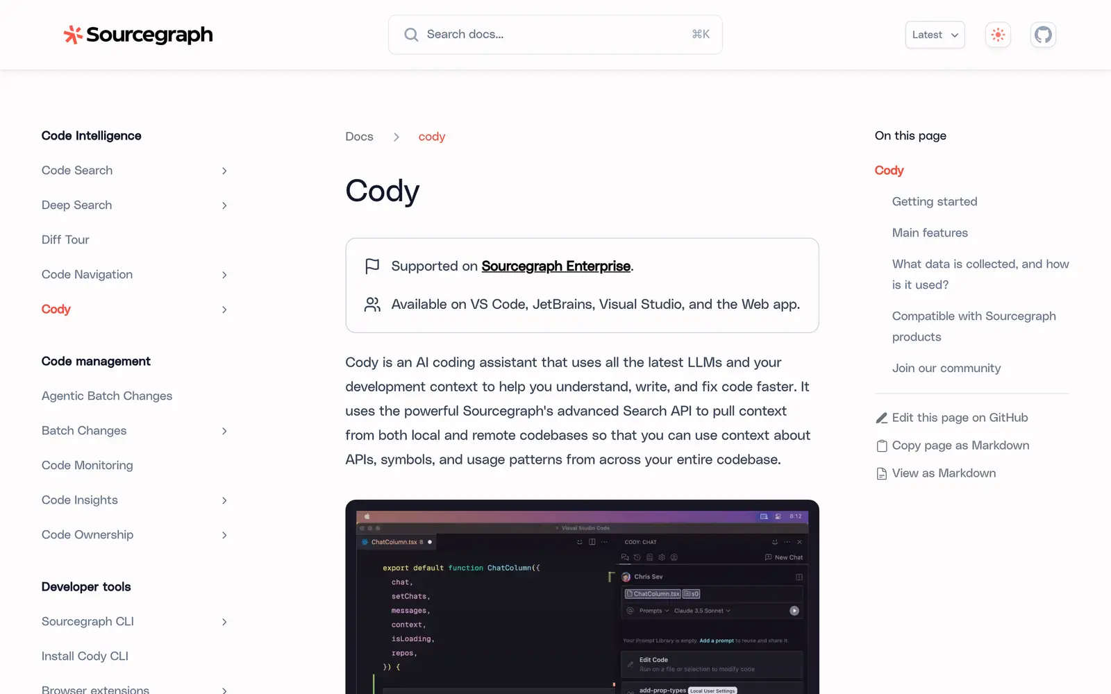 Screenshot of the Cody website