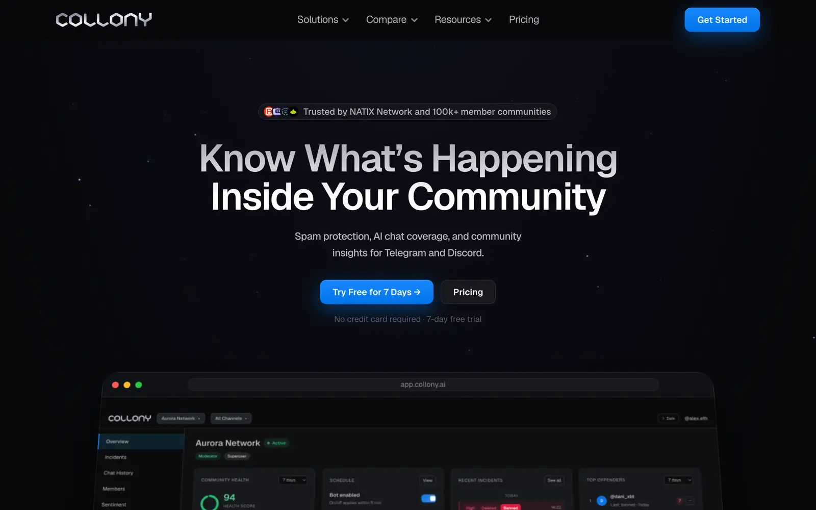 Screenshot of the Collony website