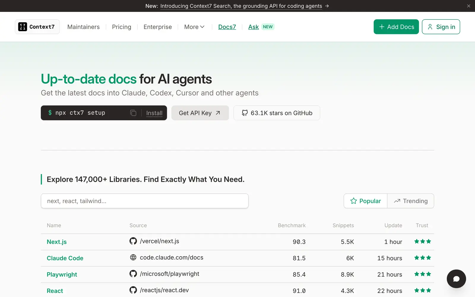 Screenshot of the Context7 website