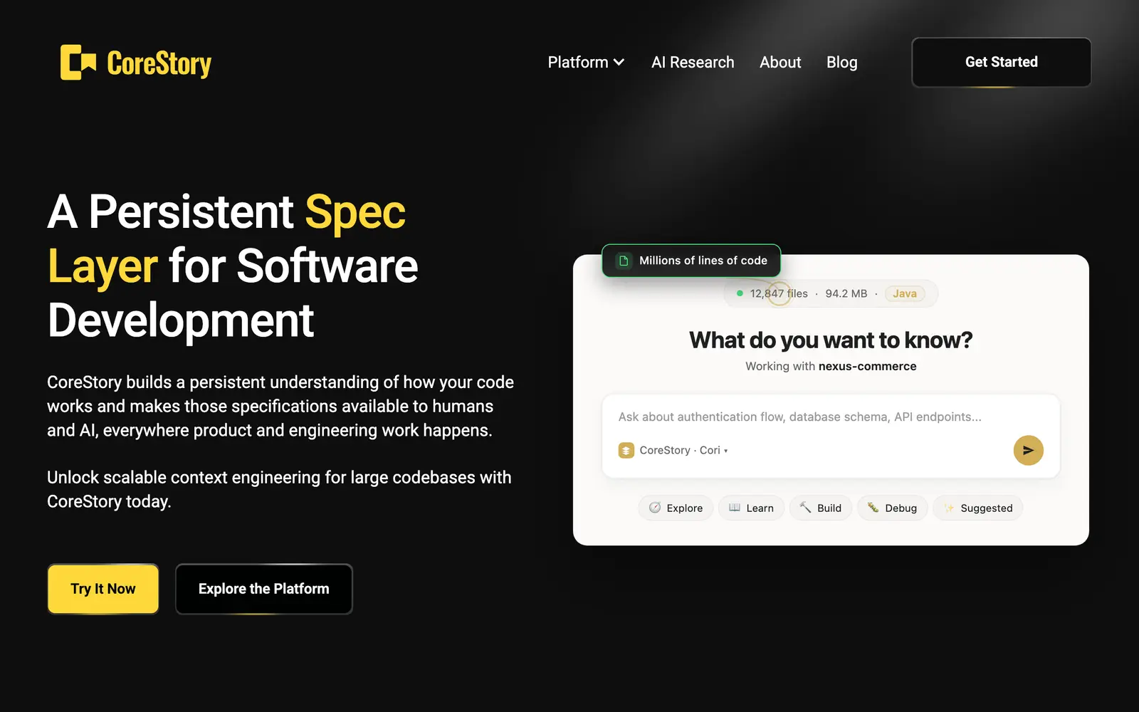 Screenshot of the CoreStory website