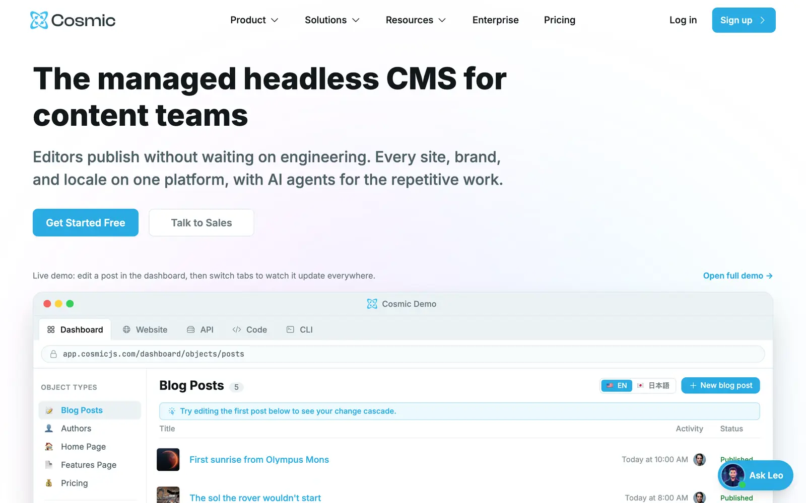 Screenshot of the Cosmic website