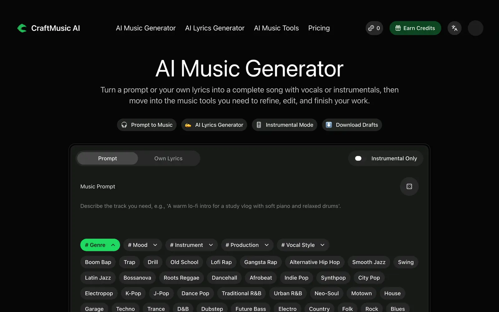 Screenshot of the CraftMusic AI website