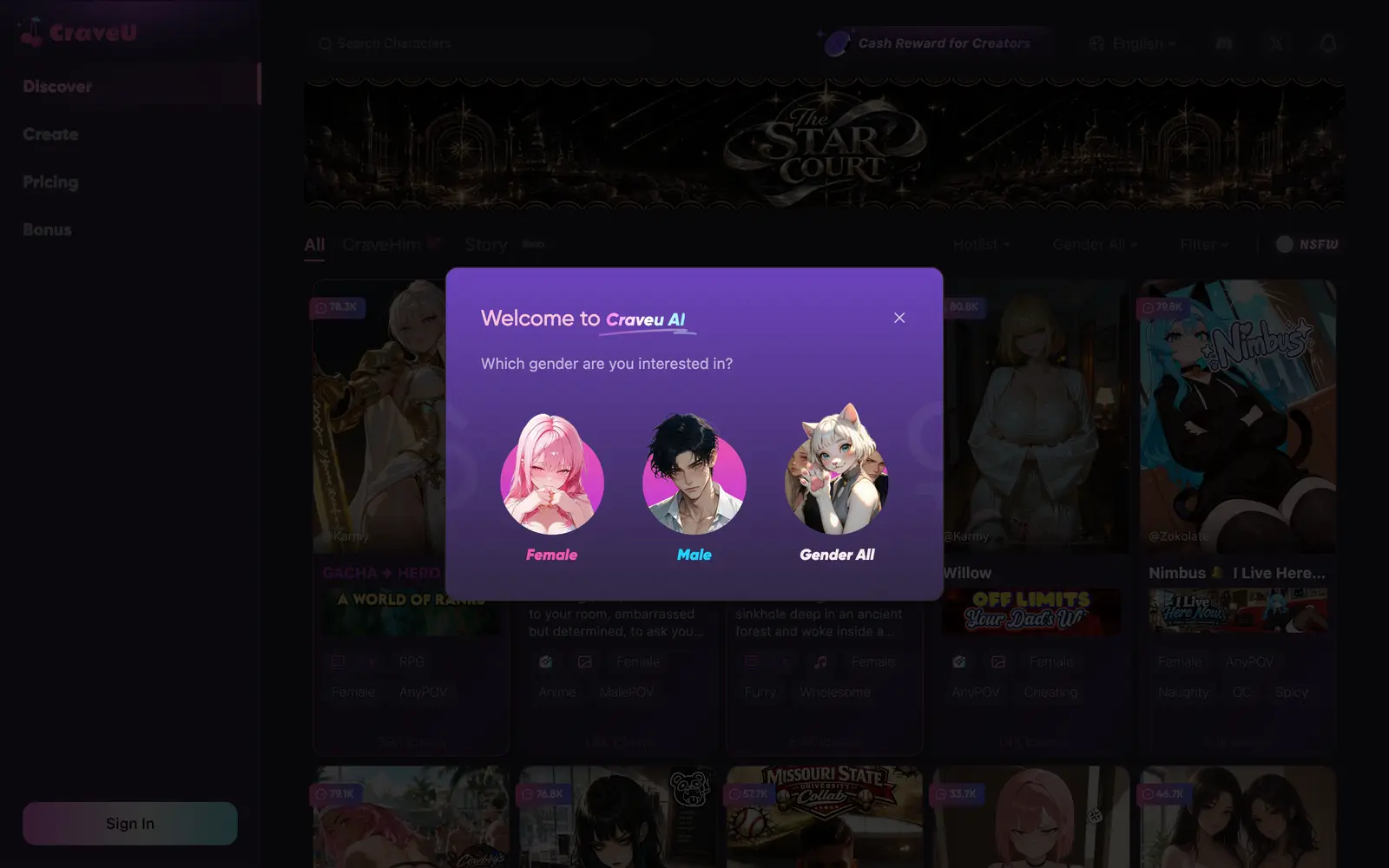 Screenshot of the CraveU AI website