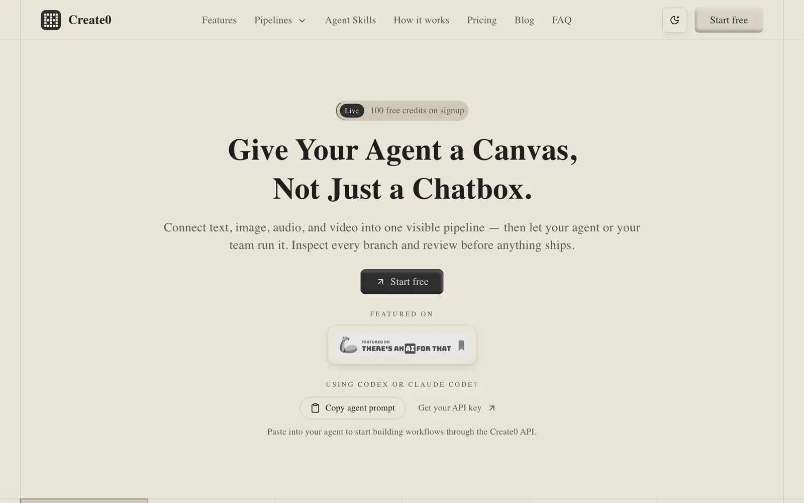 Screenshot of the Create0 website