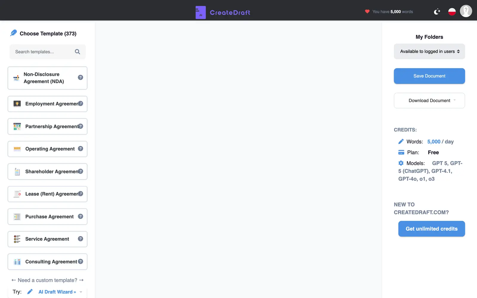 Screenshot of the CreateDraft website