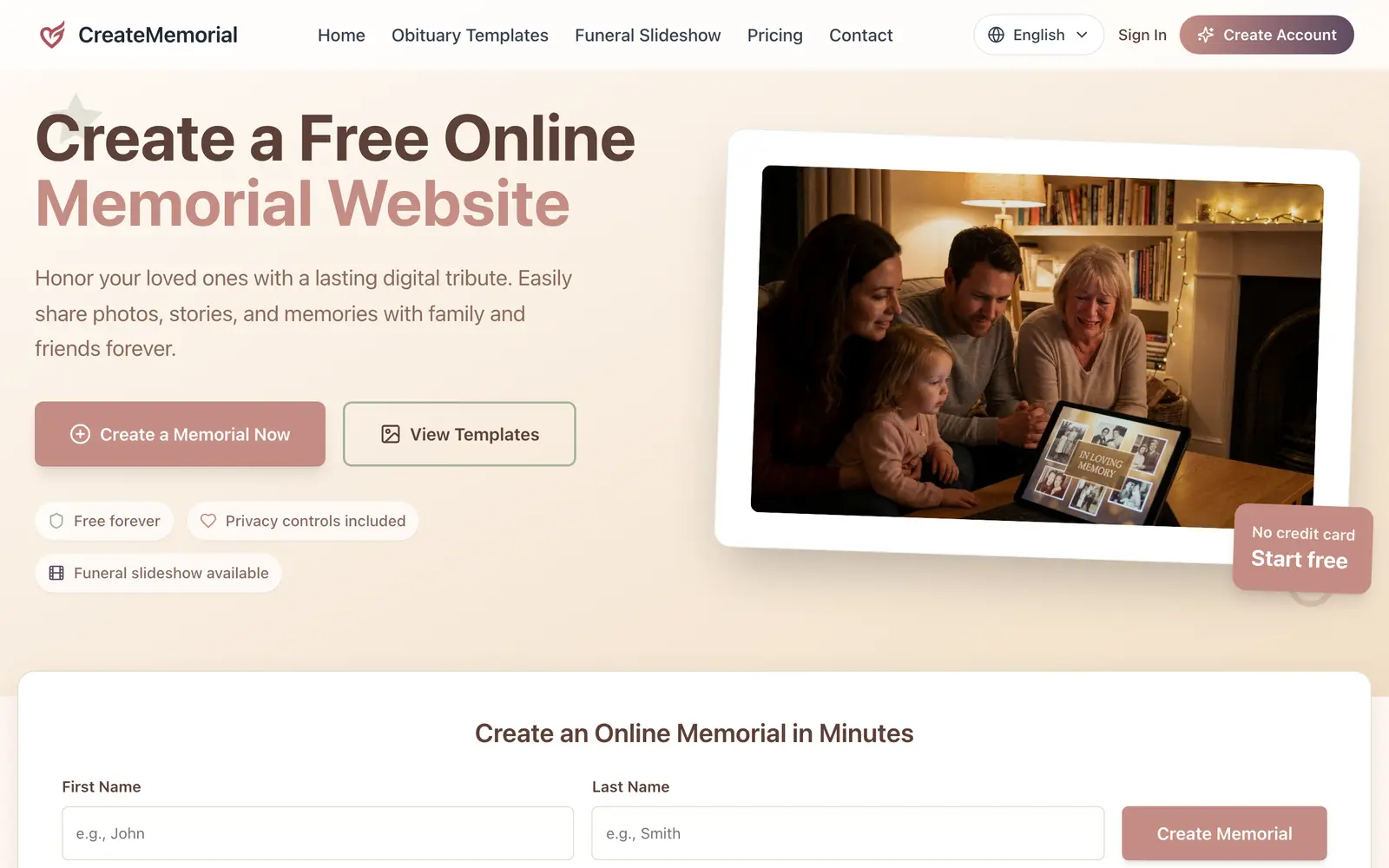 Screenshot of the CreateMemorial website
