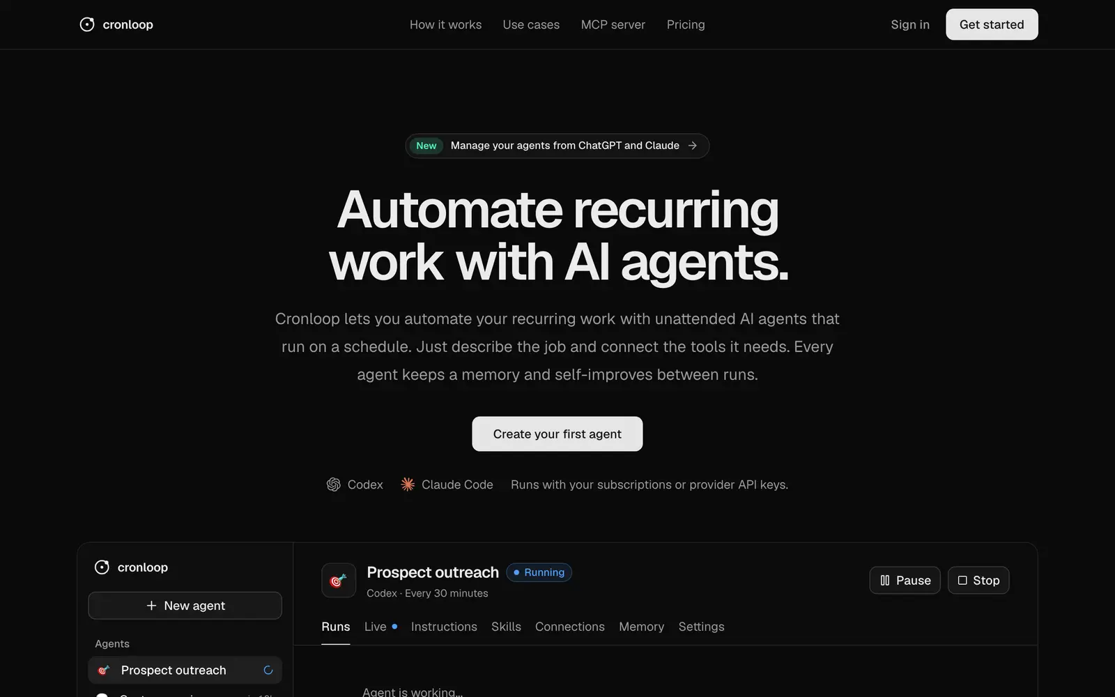 Screenshot of the Cronloop website