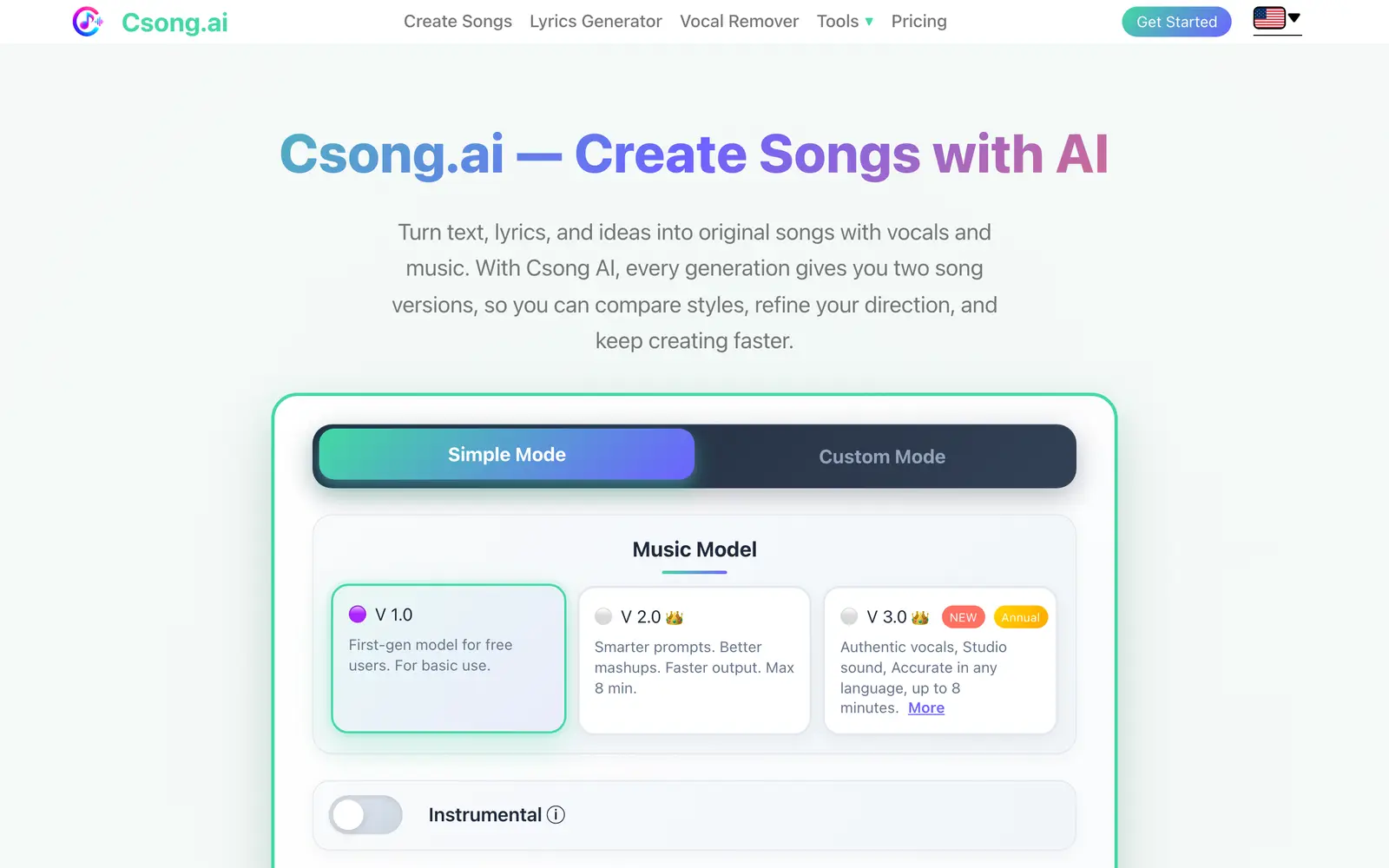 Screenshot of the Csong AI website