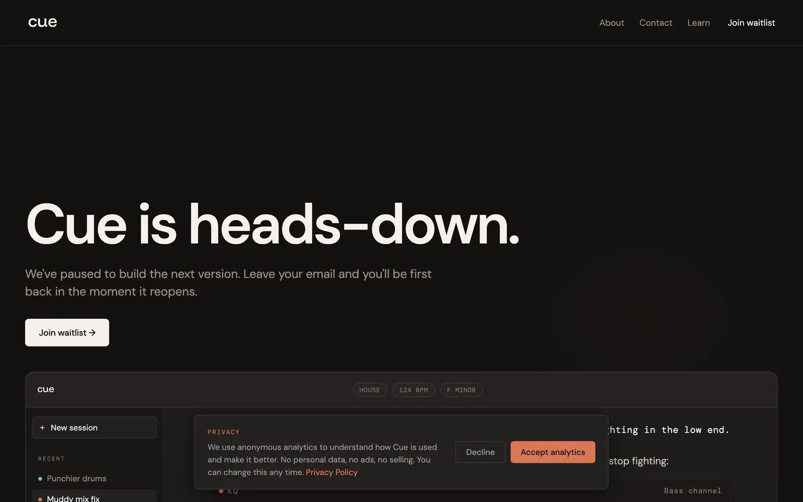 Screenshot of the Cue website