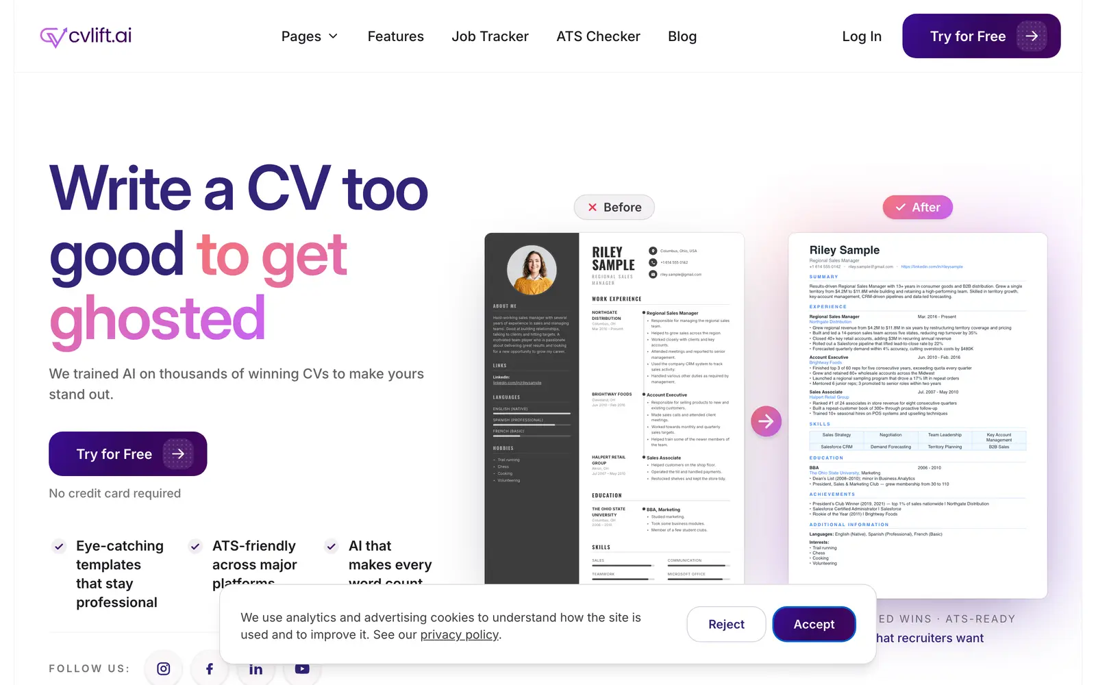 Screenshot of the cvlift.ai website