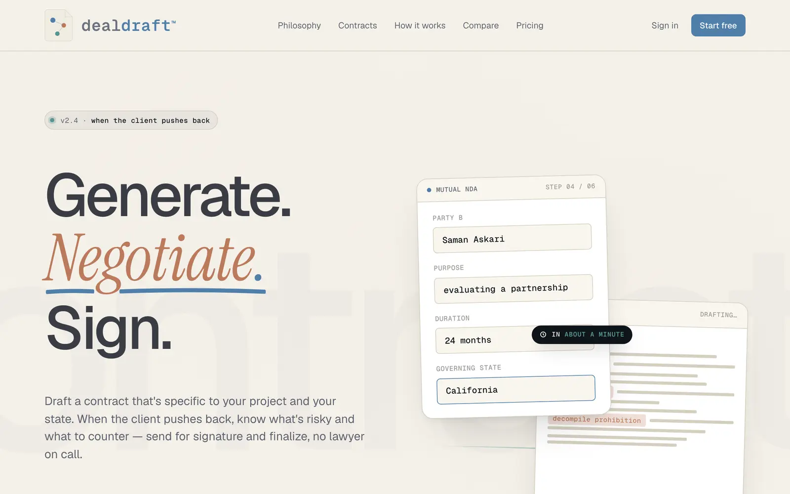 Screenshot of the DealDraft website