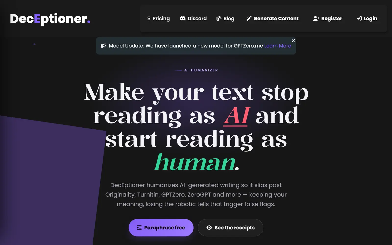 Screenshot of the DecEptioner website