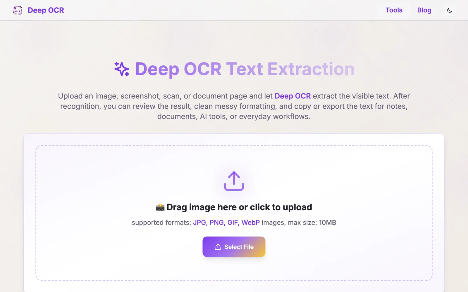 Screenshot of the Deep OCR website