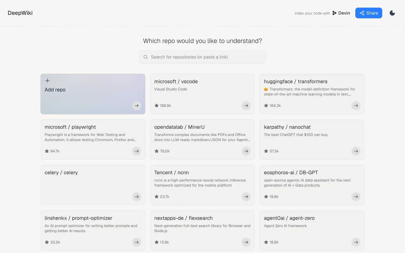 Screenshot of the DeepWiki website