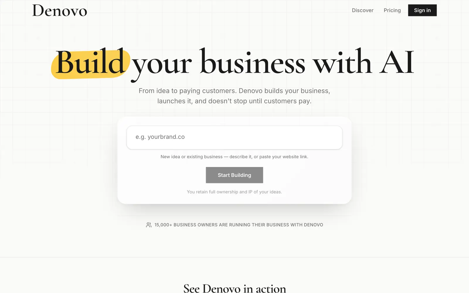 Screenshot of the Denovo website