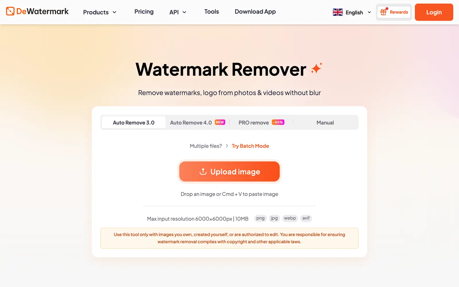Screenshot of the Dewatermark website