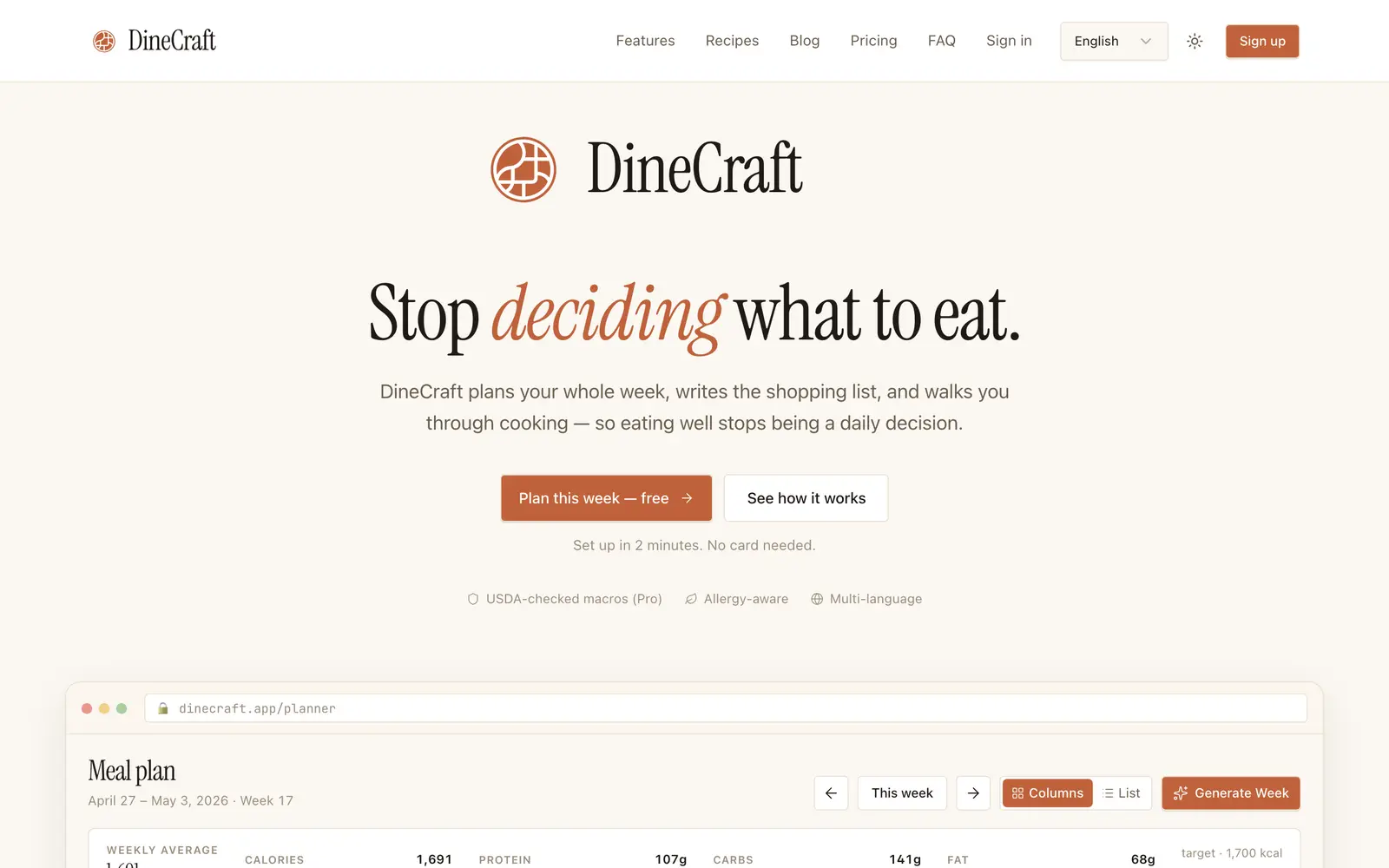 Screenshot of the DineCraft website