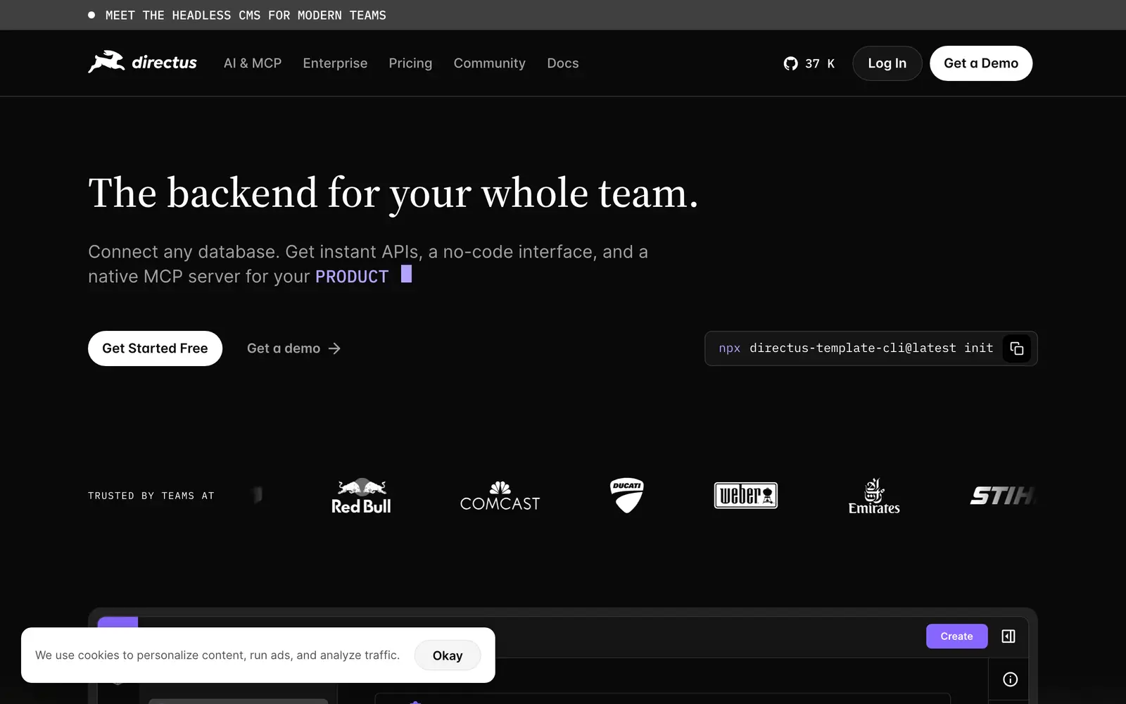 Screenshot of the Directus website