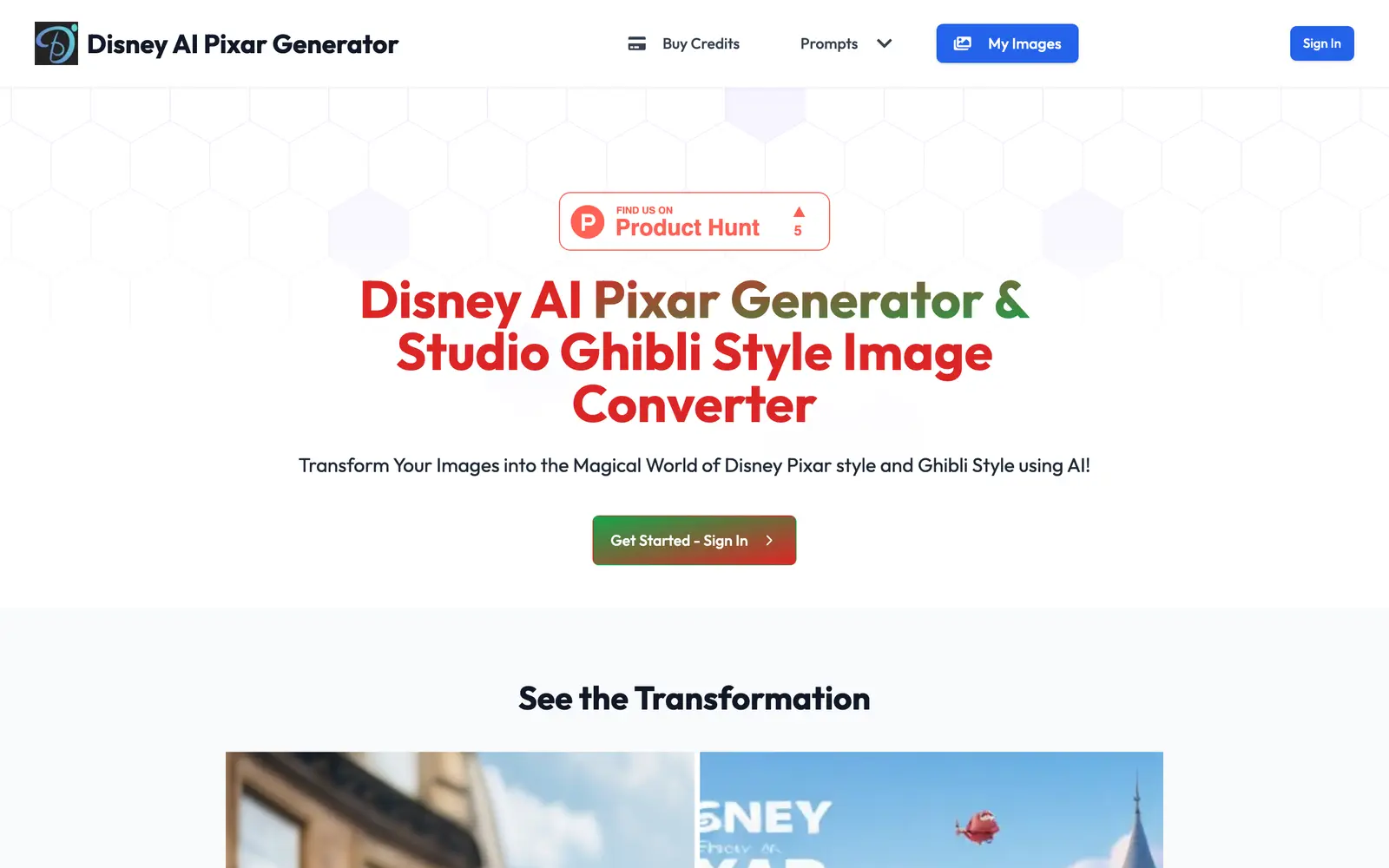 Screenshot of the Disney Pixar AI Generator website