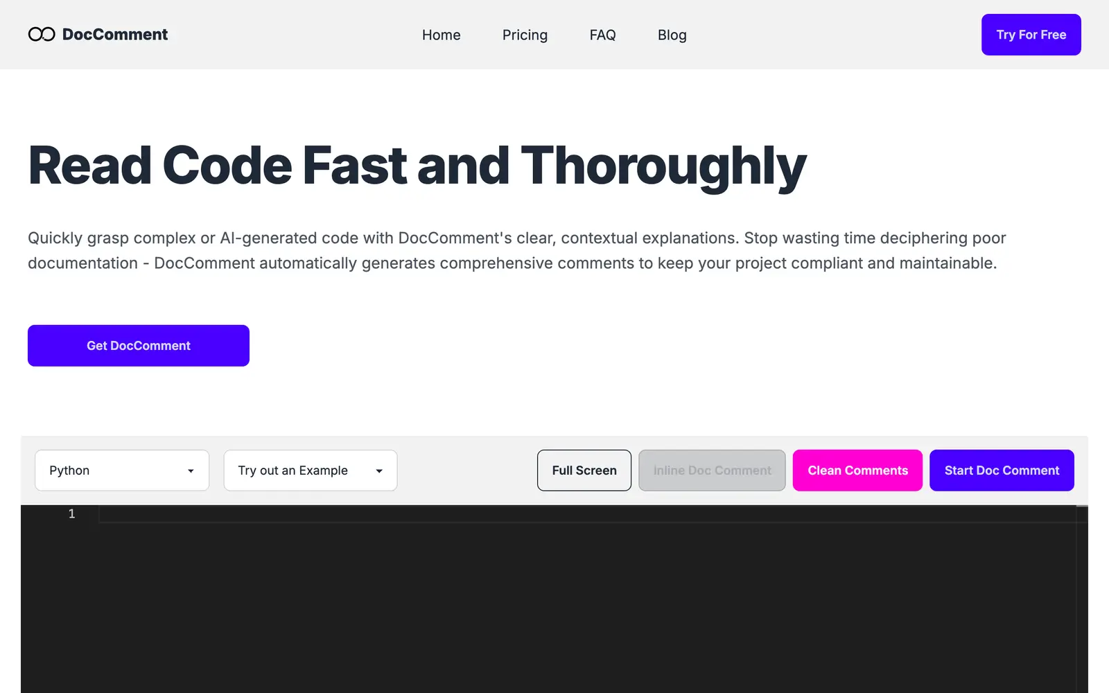 Screenshot of the DocComment website