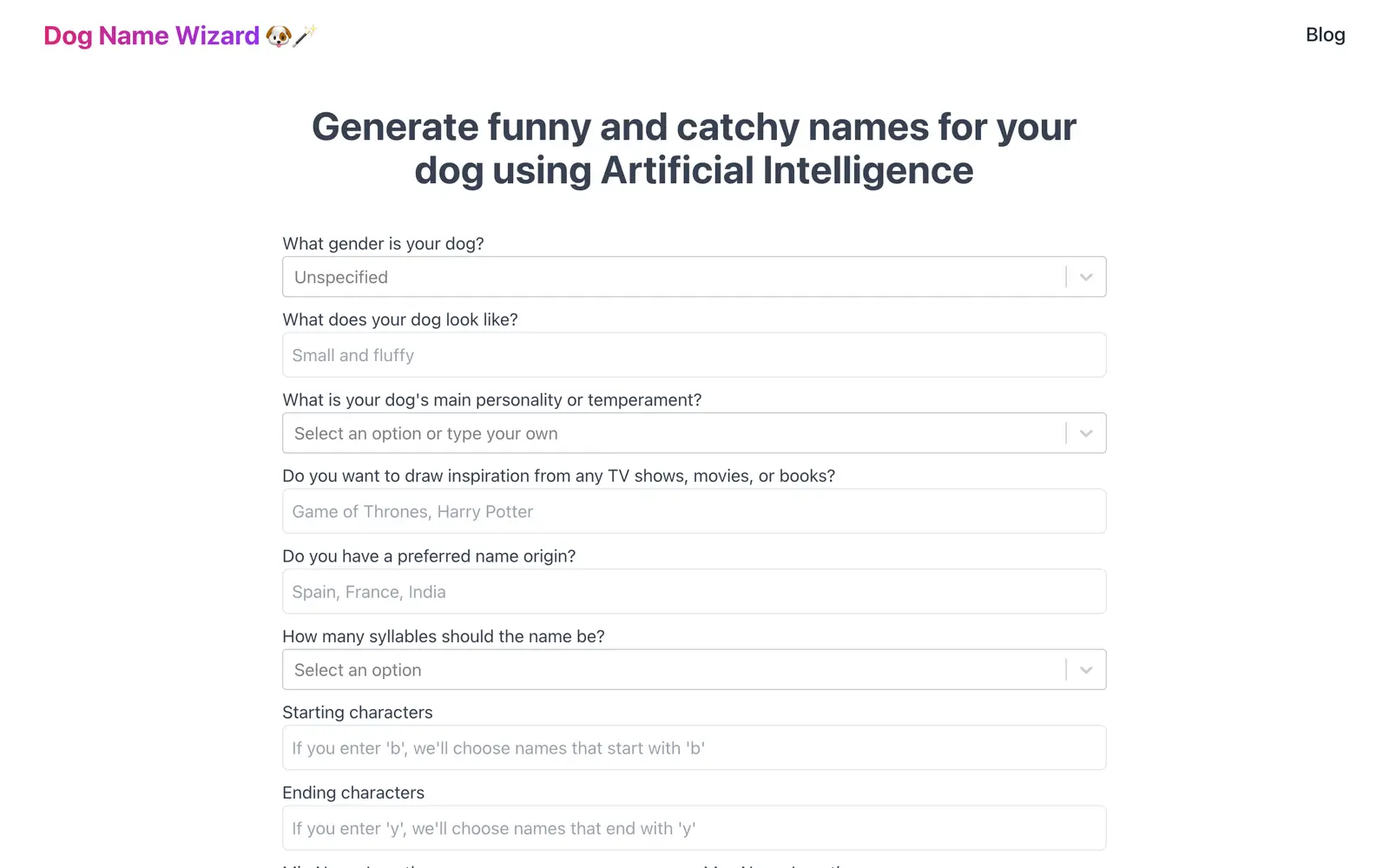 Screenshot of the Dog Name Wizard website