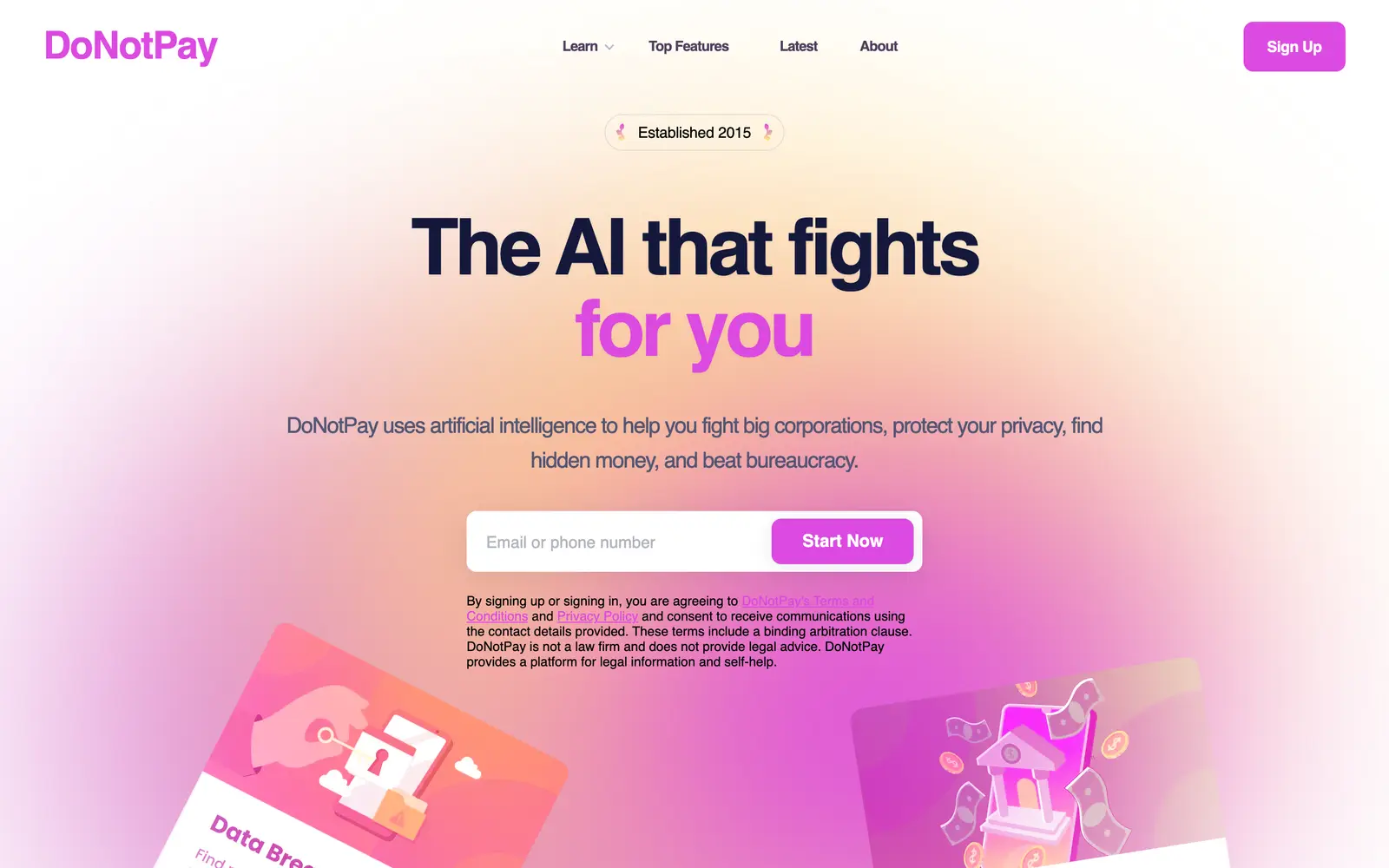 Screenshot of the DoNotPay website