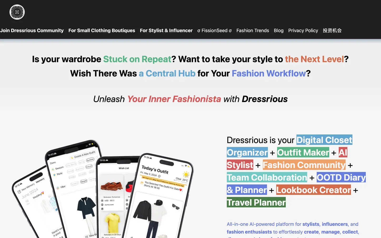 Screenshot of the Dressrious website