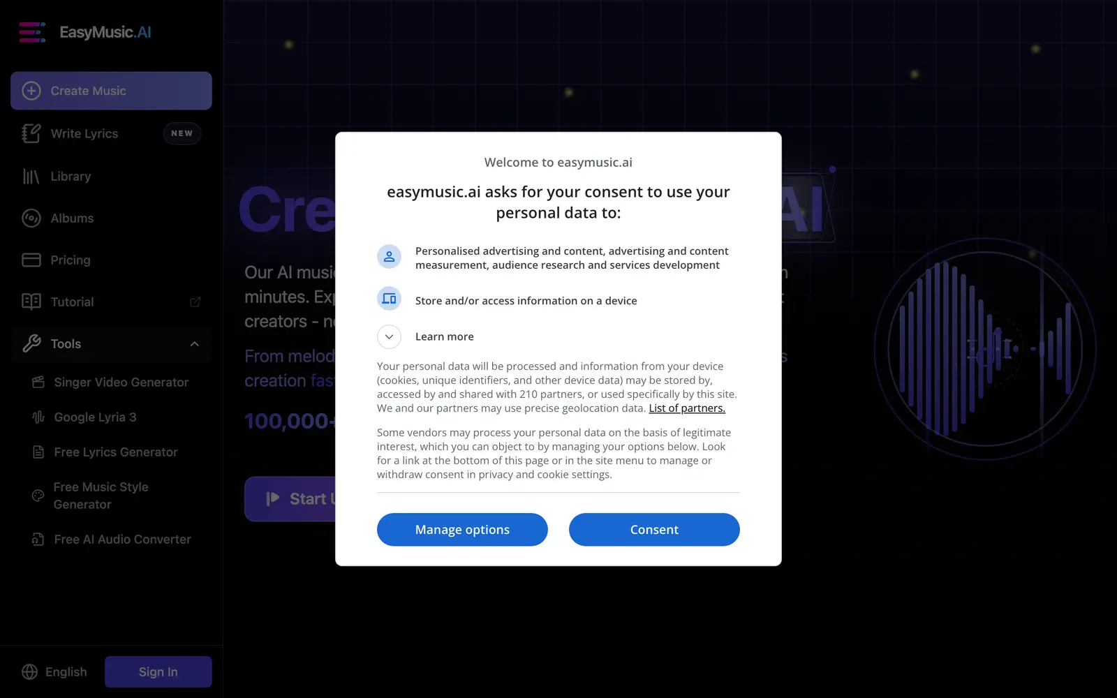 Screenshot of the EasyMusic.AI website
