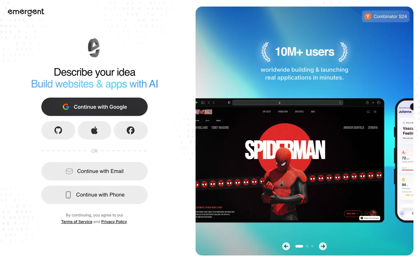 Screenshot of the Emergent website