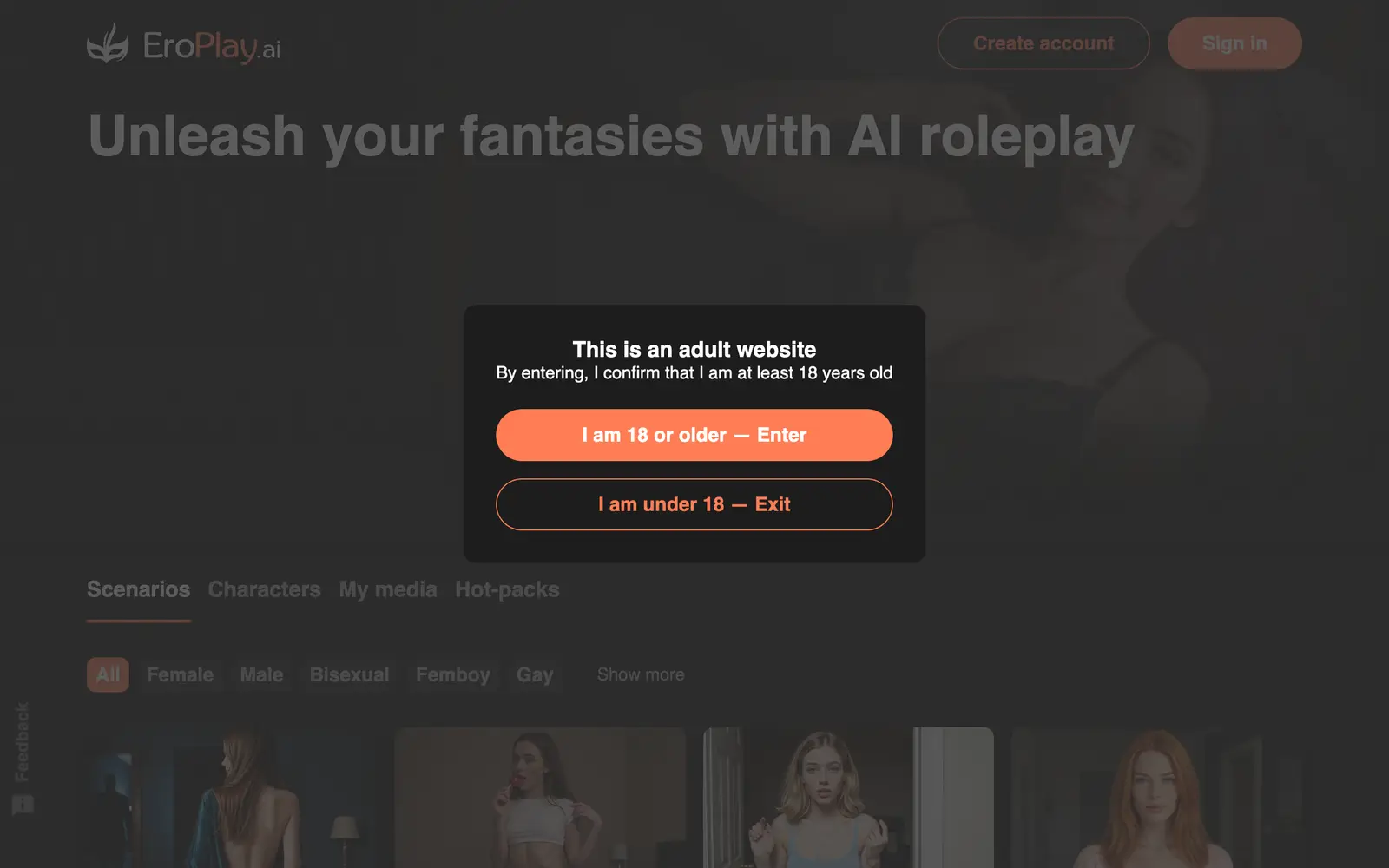 Screenshot of the EroPlay.ai website