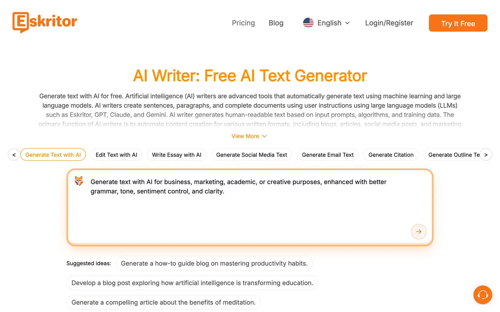 Screenshot of the Eskritor website