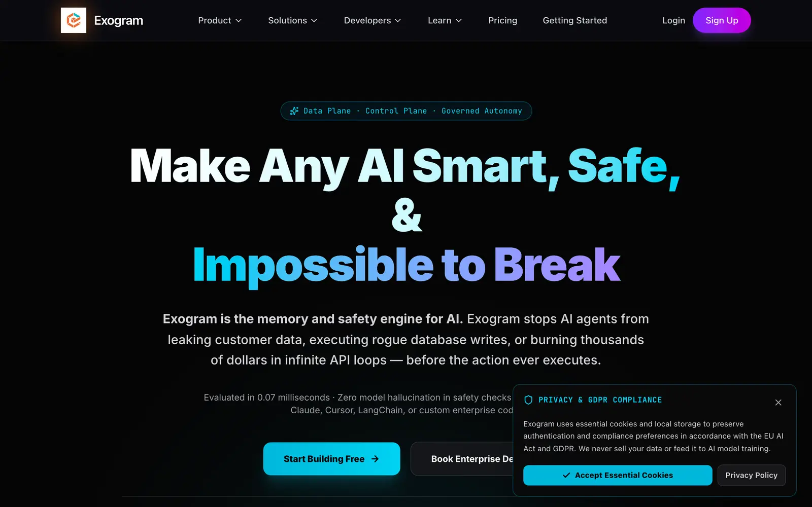 Screenshot of the Exogram website